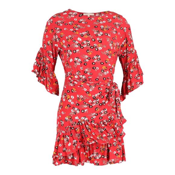Maje Rahimi Floral Short Sleeve Ruffle Wrap Mini Dress Red Size 1 - Picture 2 of 9